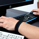 **

A close-up shot of a person working at a computer, wearing a wrist support designed for carpal tunnel syndrome. The wrist support should be visibly holding the wrist in a neutral position. Focus on the ergonomic setup of the workstation.

**