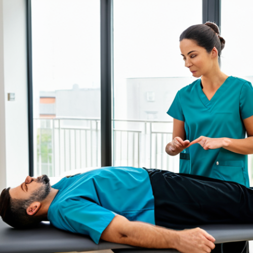 Home 17 A professional female physiotherapist, dressed in modest, clean medical scrubs, is gently guiding a male patient, wearing appropriate dark athletic wear, through a controlled and gentle back strengthening exercise on a light-colored mat. The scene is set in a bright, modern physiotherapy clinic with large windows and a clean, minimalist aesthetic. The interaction is focused and professional. perfect anatomy, correct proportions, natural pose, well-formed hands, proper finger count, natural body proportions, fully clothed, modest clothing, appropriate attire, professional dress, safe for work, appropriate content, professional, high quality studio photography, soft natural light.