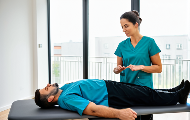A professional female physiotherapist, dressed in modest, clean medical scrubs, is gently guiding a male patient, wearing appropriate dark athletic wear, through a controlled and gentle back strengthening exercise on a light-colored mat. The scene is set in a bright, modern physiotherapy clinic with large windows and a clean, minimalist aesthetic. The interaction is focused and professional. perfect anatomy, correct proportions, natural pose, well-formed hands, proper finger count, natural body proportions, fully clothed, modest clothing, appropriate attire, professional dress, safe for work, appropriate content, professional, high quality studio photography, soft natural light.