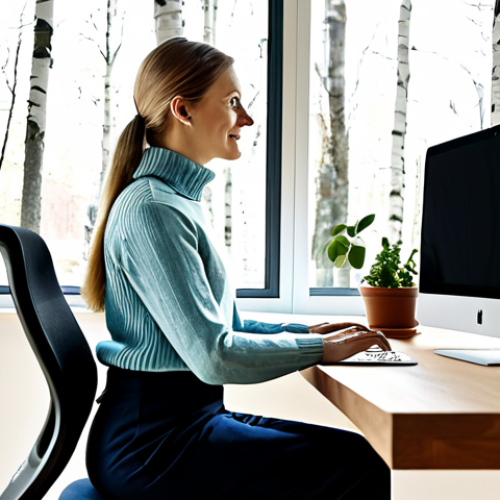 Home 8 Ergonomic Workspace**
"A bright and airy home office setup. A woman in her 30s, fully clothed in comfortable but professional attire (like a cozy sweater and slacks), sits at an adjustable standing desk. She has perfect posture, looking at a monitor positioned at eye level. The desk is tidy with a laptop, a cup of coffee, and a small plant. A Herman Miller Aeron chair is visible. Natural light streams in from a window overlooking a typical Swedish garden with birch trees. safe for work, appropriate content, fully clothed, professional, perfect anatomy, correct proportions, well-formed hands, natural pose, high quality, family-friendly."
**