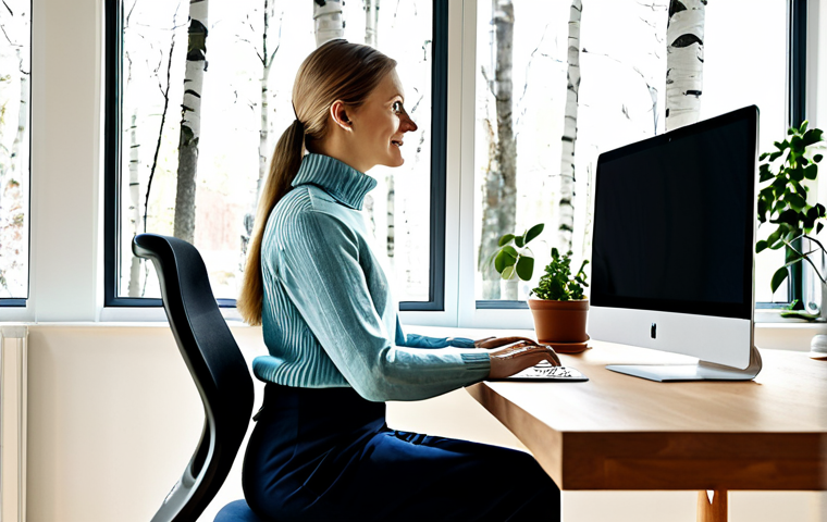 Ergonomic Workspace**
"A bright and airy home office setup. A woman in her 30s, fully clothed in comfortable but professional attire (like a cozy sweater and slacks), sits at an adjustable standing desk. She has perfect posture, looking at a monitor positioned at eye level. The desk is tidy with a laptop, a cup of coffee, and a small plant. A Herman Miller Aeron chair is visible. Natural light streams in from a window overlooking a typical Swedish garden with birch trees. safe for work, appropriate content, fully clothed, professional, perfect anatomy, correct proportions, well-formed hands, natural pose, high quality, family-friendly."
**